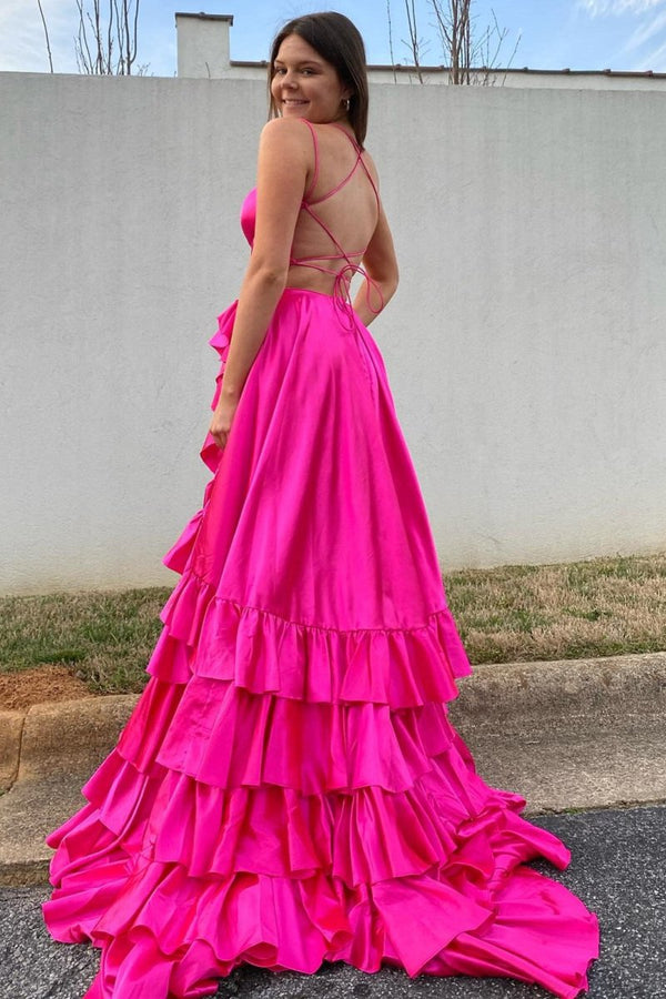 Red Ruffle Bottom Prom Dress Spaghetti Straps A Line Lace-Up Ruffle Tiered Red Prom Dress with Slit