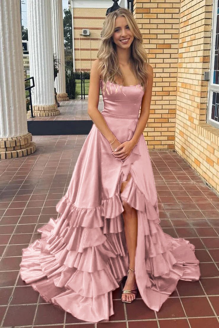 Spaghetti Straps A Line Lace-Up Ruffle Tiered Red Prom Dress with Slit Red / 16 Spaghetti Straps A Line Lace-Up Ruffle Tiered Red Prom Dress with Slit Red / 16