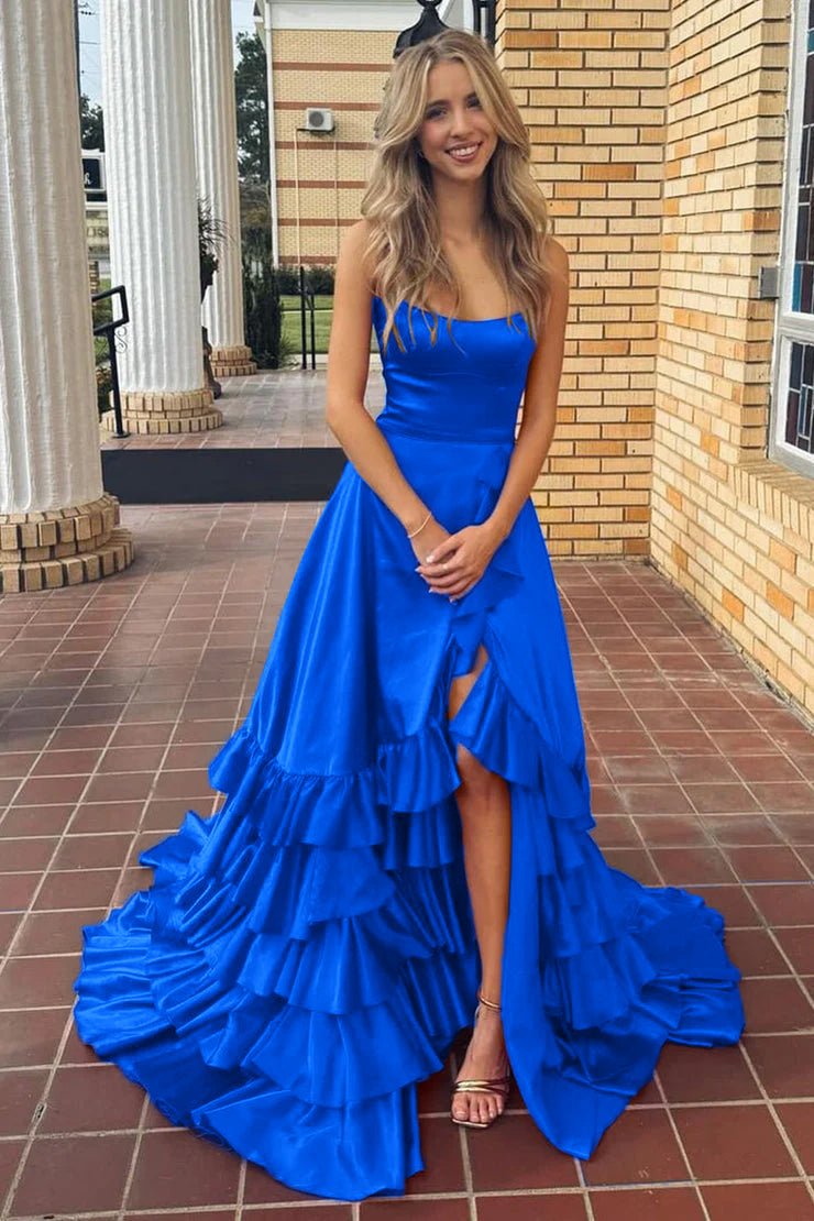 Spaghetti Straps A Line Lace-Up Ruffle Tiered Red Prom Dress with Slit, Royal Blue / 10 Spaghetti Straps A Line Lace-Up Ruffle Tiered Red Prom Dress with Slit, Royal Blue / 10