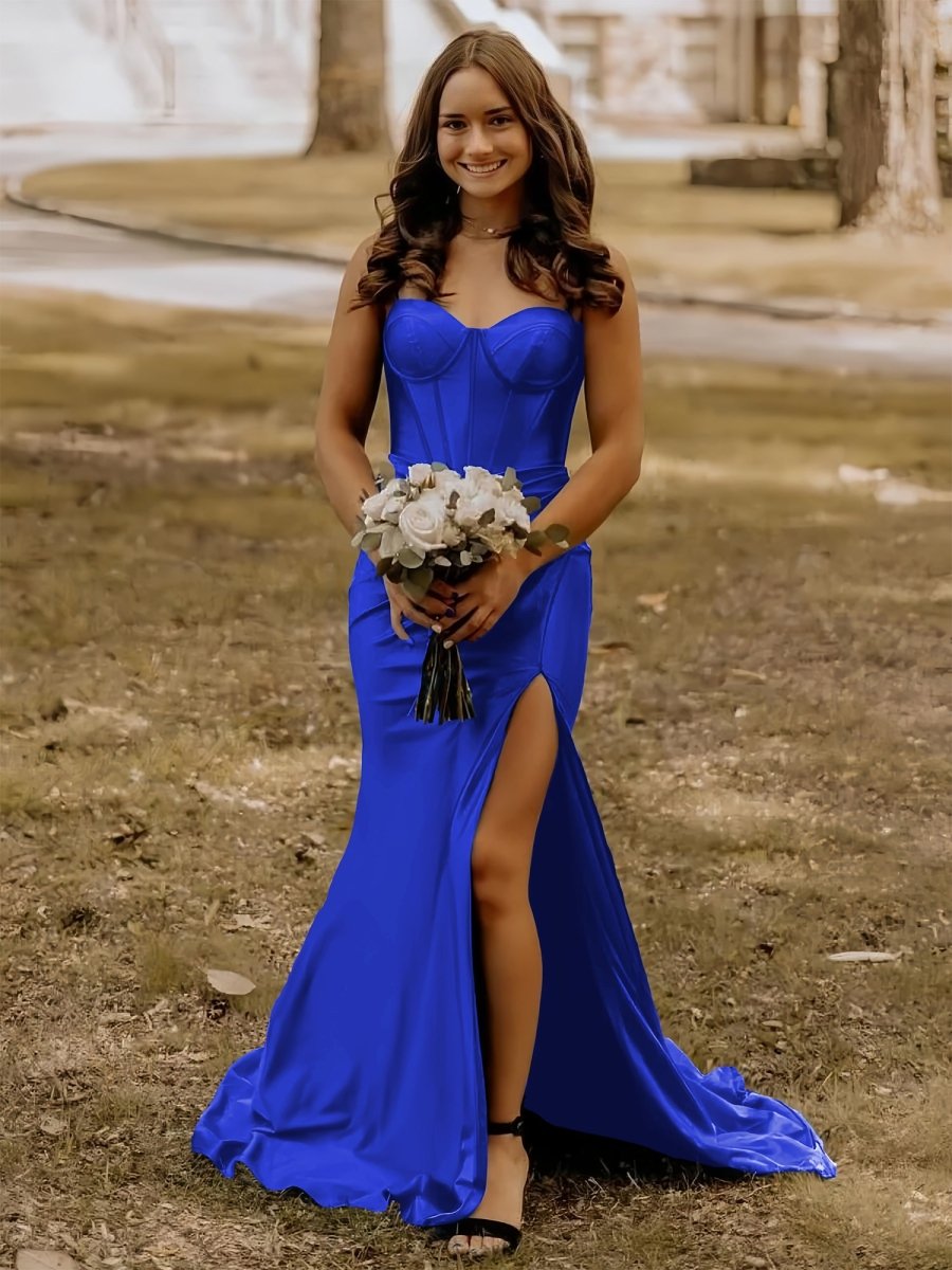 Alexia | Blue Satin Mermaid Long Formal Dress with Slit