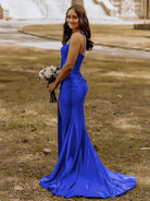 Alexia | Blue Satin Mermaid Long Formal Dress with Slit
