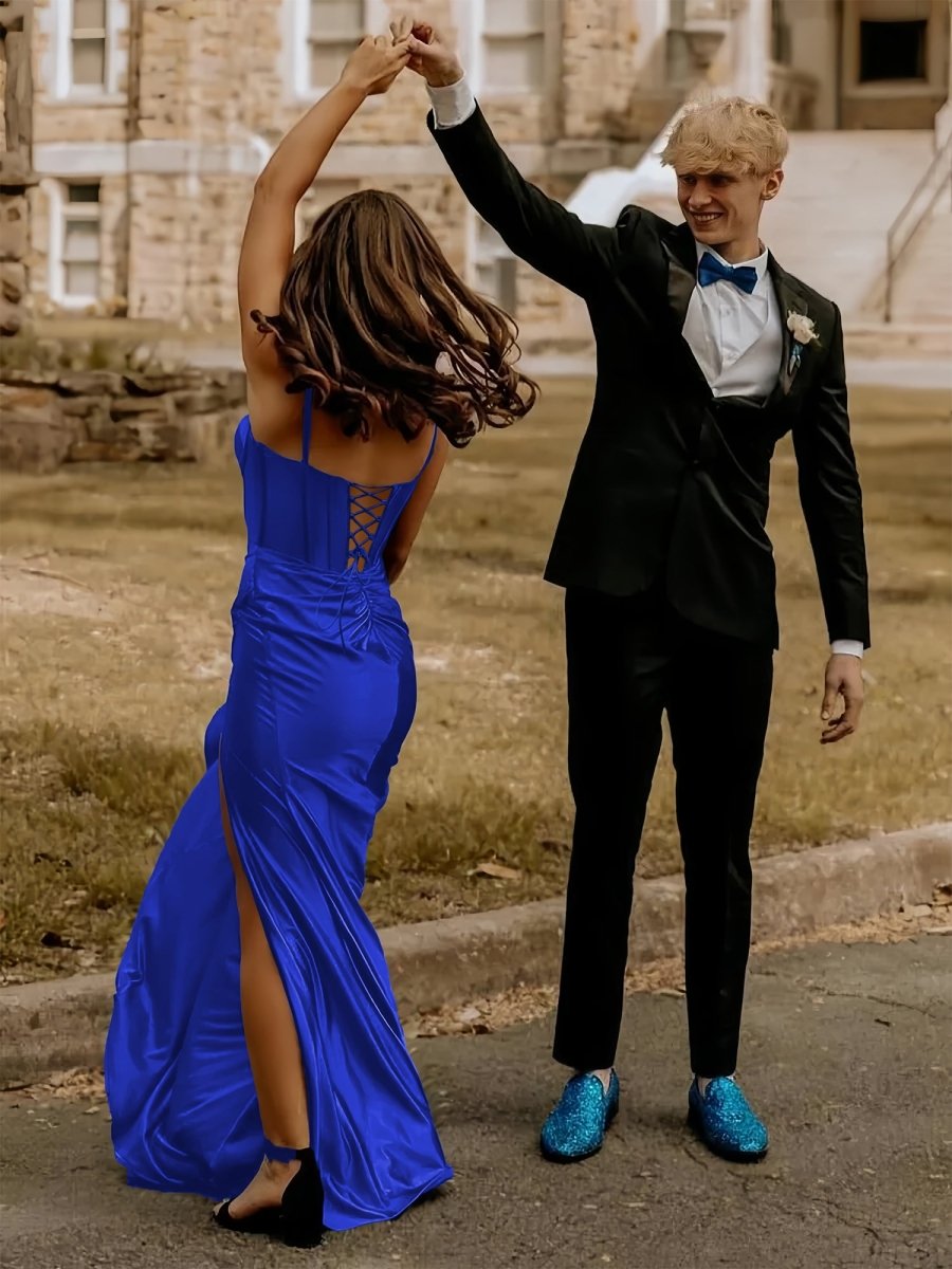 Alexia | Blue Satin Mermaid Long Formal Dress with Slit