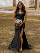 Alexia | Blue Satin Mermaid Long Formal Dress with Slit