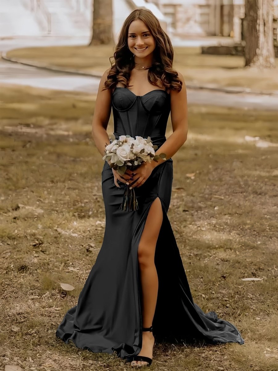 Alexia | Blue Satin Mermaid Long Formal Dress with Slit