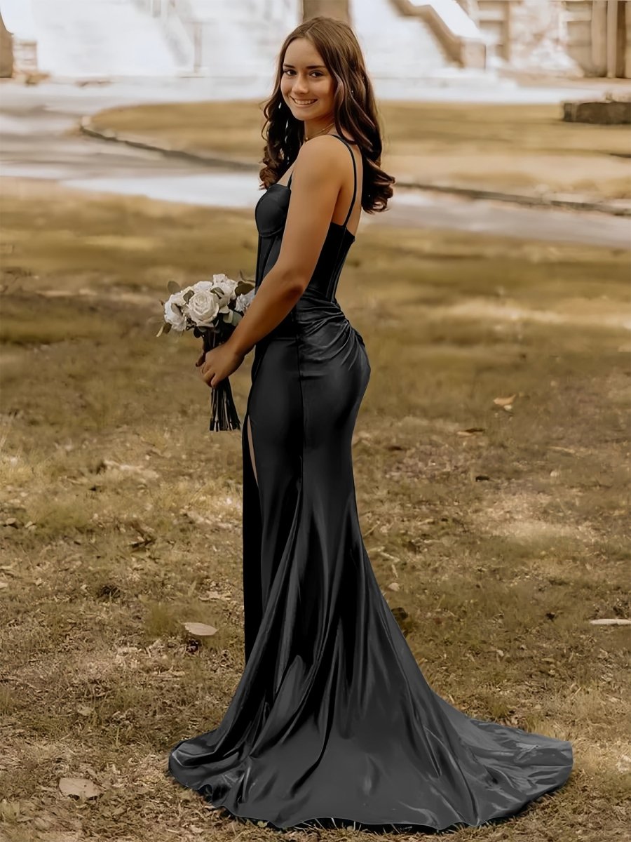 Alexia | Blue Satin Mermaid Long Formal Dress with Slit