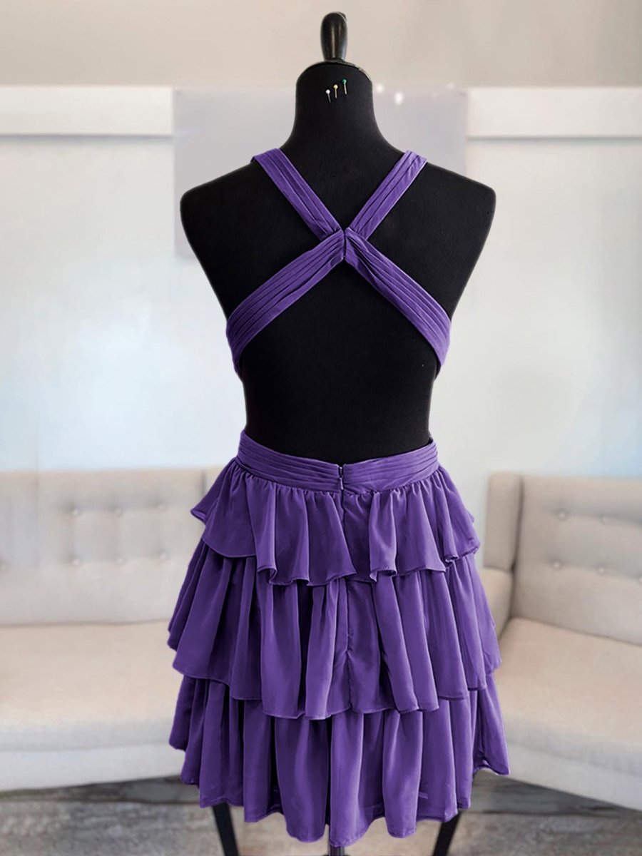 Alia | Purple - V Neck A Line Tiered Chiffon Homecoming Dresses With Cut Out