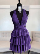 Alia | Purple - V Neck A Line Tiered Chiffon Homecoming Dresses With Cut Out