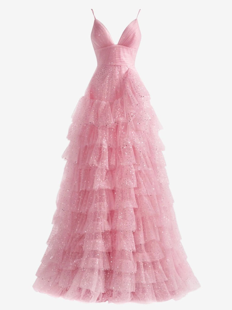 Alianna Pink A-Line Spaghetti Straps Tiered Tulle Prom Dress  KissProm