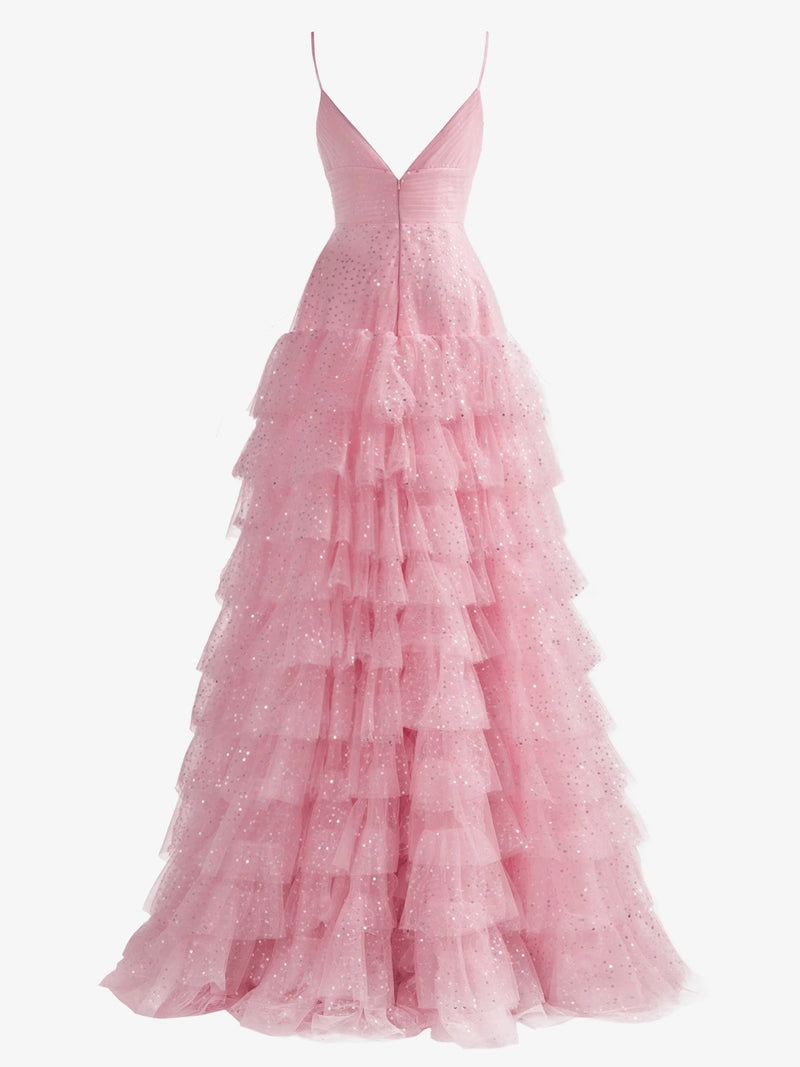 A-line Halter Tulle Tiered Short Dress Pearl Pink