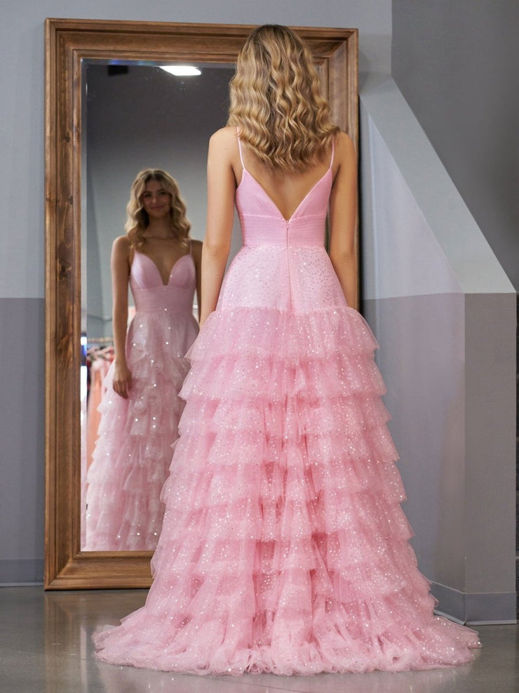 Spaghetti Straps V Neck Pink A Line Tulle Prom Dress main image 0
