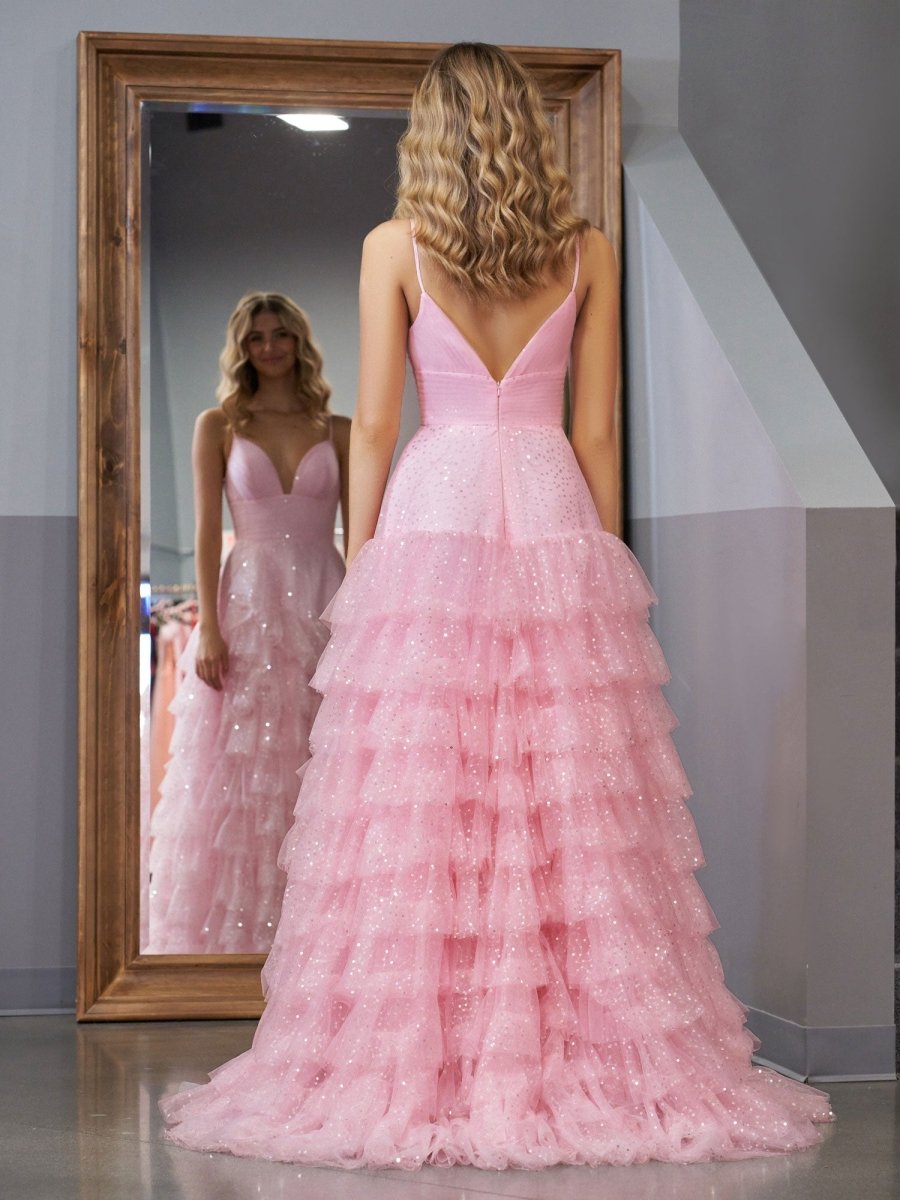Alianna Pink A-Line Spaghetti Straps Tiered Tulle Prom Dress Alianna Pink A-Line Spaghetti Straps Tiered Tulle Prom Dress