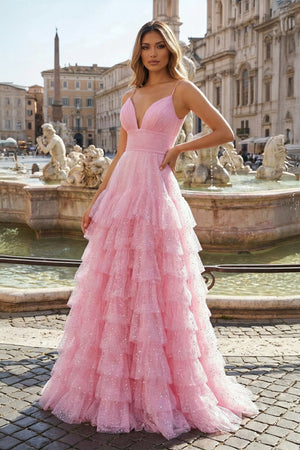 KissProm-Light Pink A-Line Tiered Spaghetti Straps Tulle Prom Dress