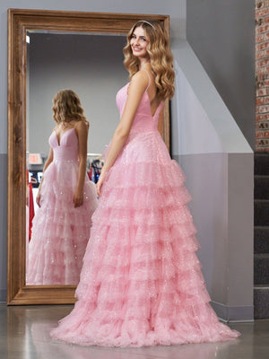 Alianna | Light Pink A-Line Tiered Spaghetti Straps Tulle Prom Dress