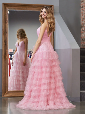 A-Line Spaghetti Straps Pink Applique Tulle Prom Dress