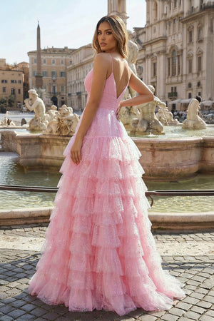 KissProm-Light Pink A-Line Tiered Spaghetti Straps Tulle Prom Dress