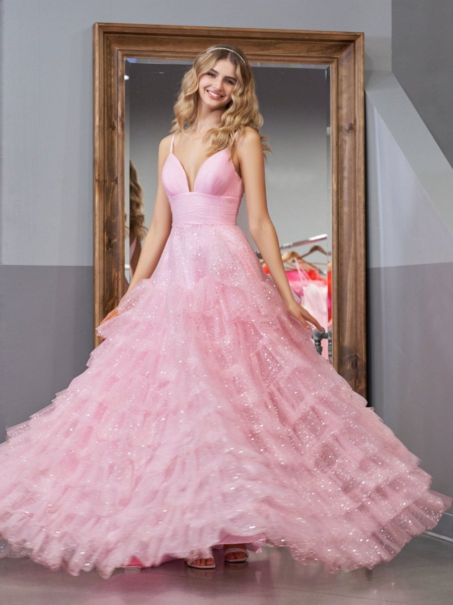 Alianna Pink A-Line Spaghetti Straps Tiered Tulle Prom Dress