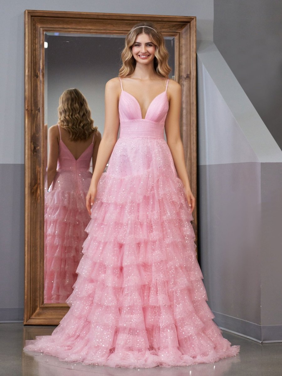 Alianna Pink A-Line Spaghetti Straps Tiered Tulle Prom Dress – KissProm