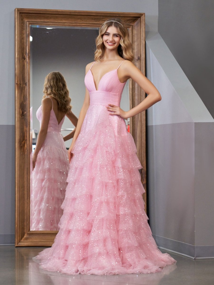 Alianna Pink A-Line Spaghetti Straps Tiered Tulle Prom Dress Alianna Pink A-Line Spaghetti Straps Tiered Tulle Prom Dress