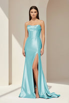 Alirae | Lavender - Strapless Mermaid Satin Pleated Long Formal Prom Dresses With Slit - KissProm