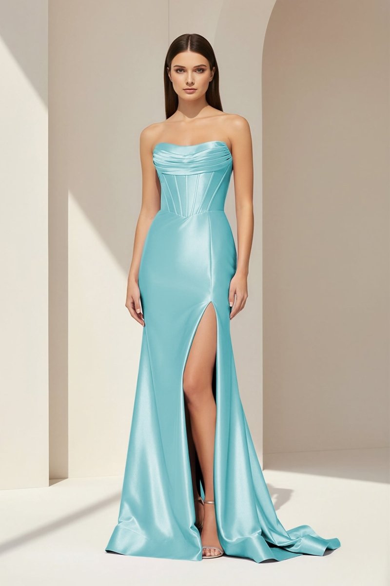 Alirae | Lavender - Strapless Mermaid Satin Pleated Long Formal Prom Dresses With Slit - KissProm