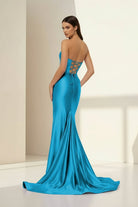 Alirae | Aqua- Strapless Mermaid Satin Pleated Long Formal Prom Dresses With Slit - KissProm