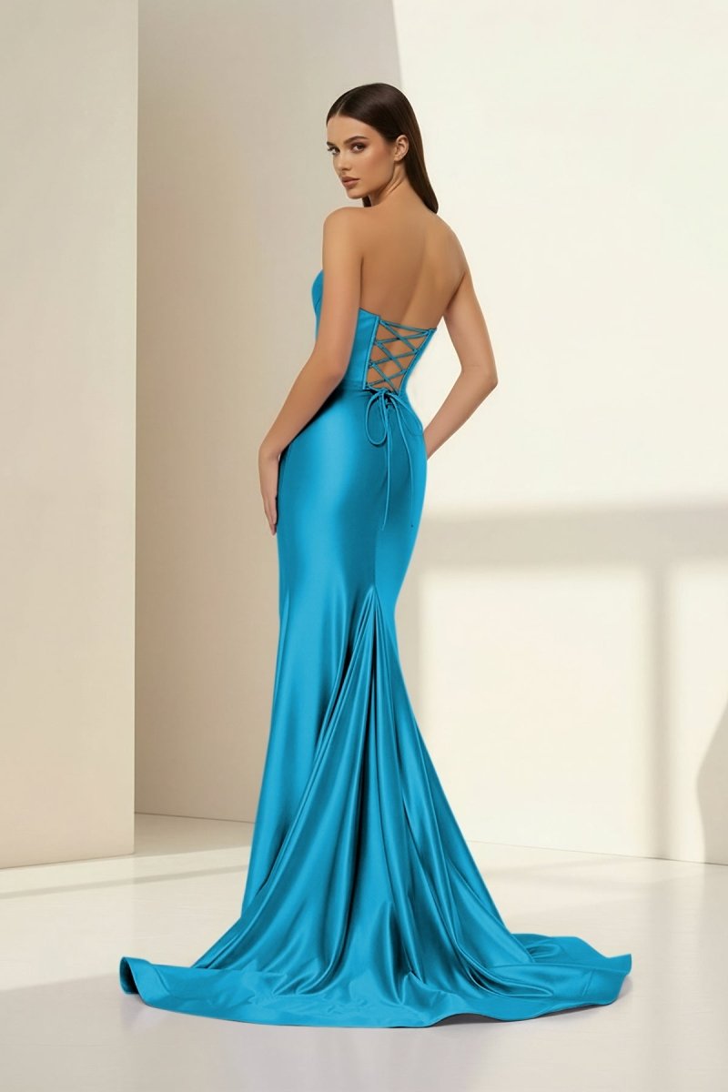 Alirae | Aqua- Strapless Mermaid Satin Pleated Long Formal Prom Dresses With Slit - KissProm