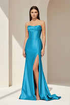 Alirae | Aqua- Strapless Mermaid Satin Pleated Long Formal Prom Dresses With Slit - KissProm