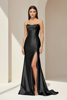 Alirae | Lavender - Strapless Mermaid Satin Pleated Long Formal Prom Dresses With Slit - KissProm