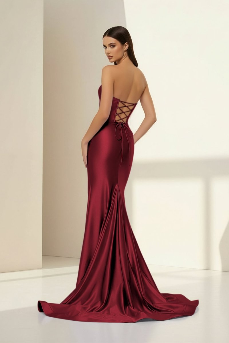 Alirae | Lavender - Strapless Mermaid Satin Pleated Long Formal Prom Dresses With Slit - KissProm