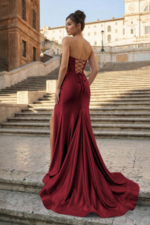 KissProm-Burgundy Strapless Mermaid Satin Pleated Long Formal Prom Dresses With Slit