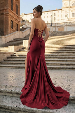 Aqua Strapless Mermaid Satin Pleated Long Formal Prom Dresses With Slit – Prom Dress by KissProm | Available at KissProm