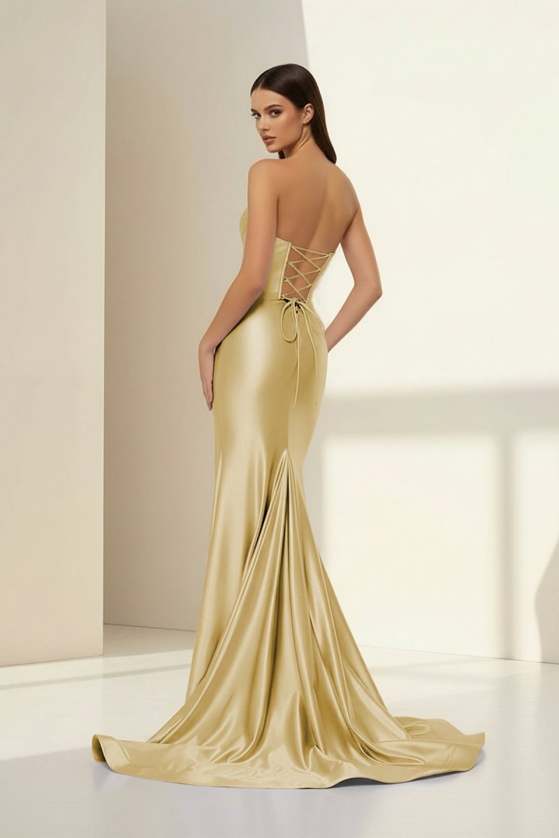 Alirae | Lavender - Strapless Mermaid Satin Pleated Long Formal Prom Dresses With Slit - KissProm