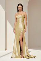 Alirae | Lavender - Strapless Mermaid Satin Pleated Long Formal Prom Dresses With Slit - KissProm