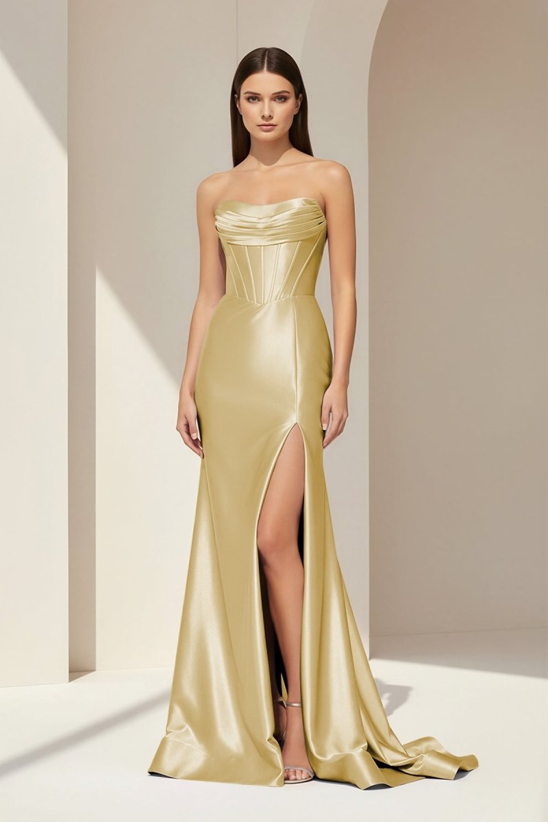 Alirae | Lavender - Strapless Mermaid Satin Pleated Long Formal Prom Dresses With Slit - KissProm