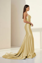 Alirae | Lavender - Strapless Mermaid Satin Pleated Long Formal Prom Dresses With Slit - KissProm