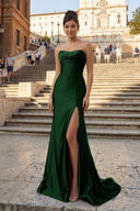 Aqua Strapless Mermaid Satin Pleated Long Formal Prom Dresses With Slit – Prom Dress by KissProm | Available at KissProm