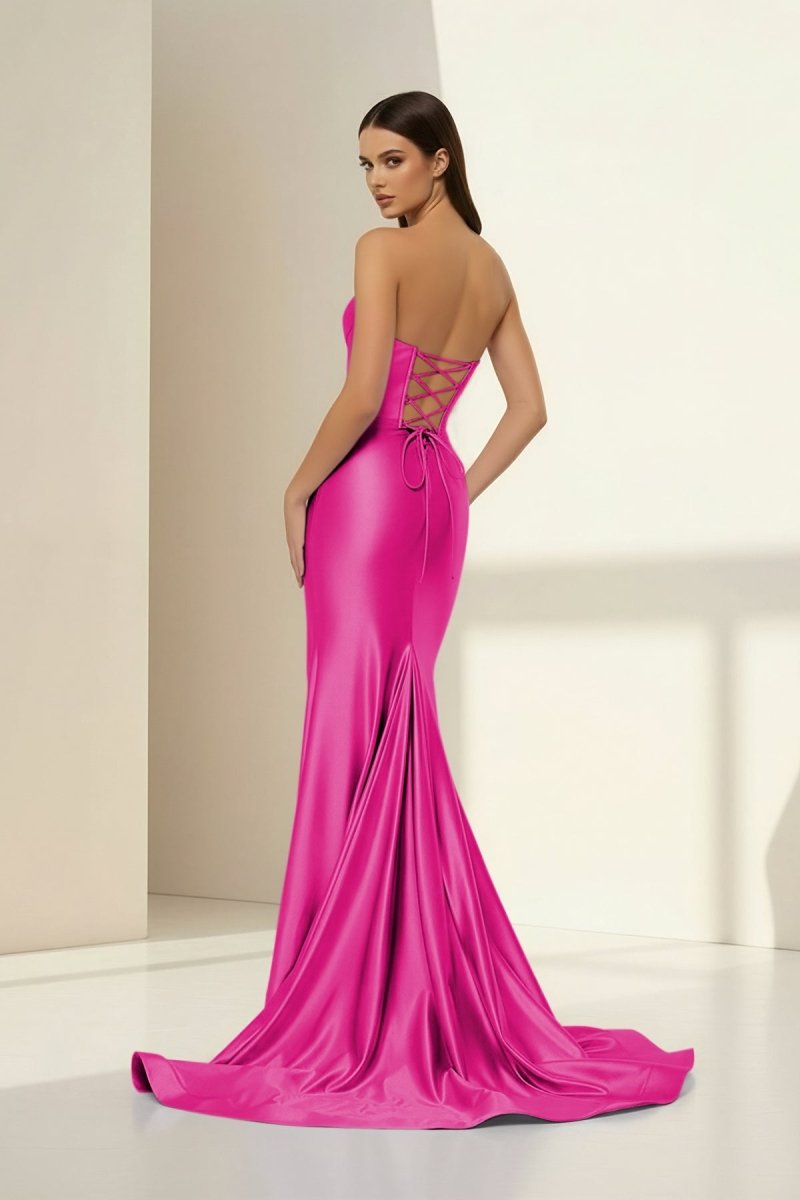 Alirae | Lavender - Strapless Mermaid Satin Pleated Long Formal Prom Dresses With Slit - KissProm