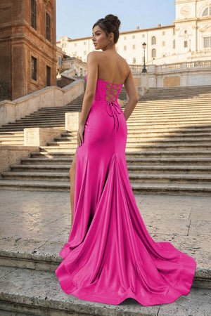 KissProm-Fuchsia Strapless Mermaid Satin Pleated Long Formal Prom Dresses With Slit