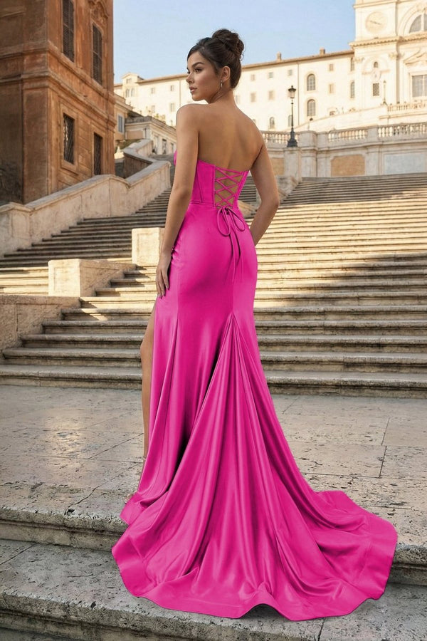 Aqua Strapless Mermaid Satin Pleated Long Formal Prom Dresses With Slit – Prom Dress by KissProm | Available at KissProm