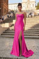 Aqua Strapless Mermaid Satin Pleated Long Formal Prom Dresses With Slit – Prom Dress by KissProm | Available at KissProm