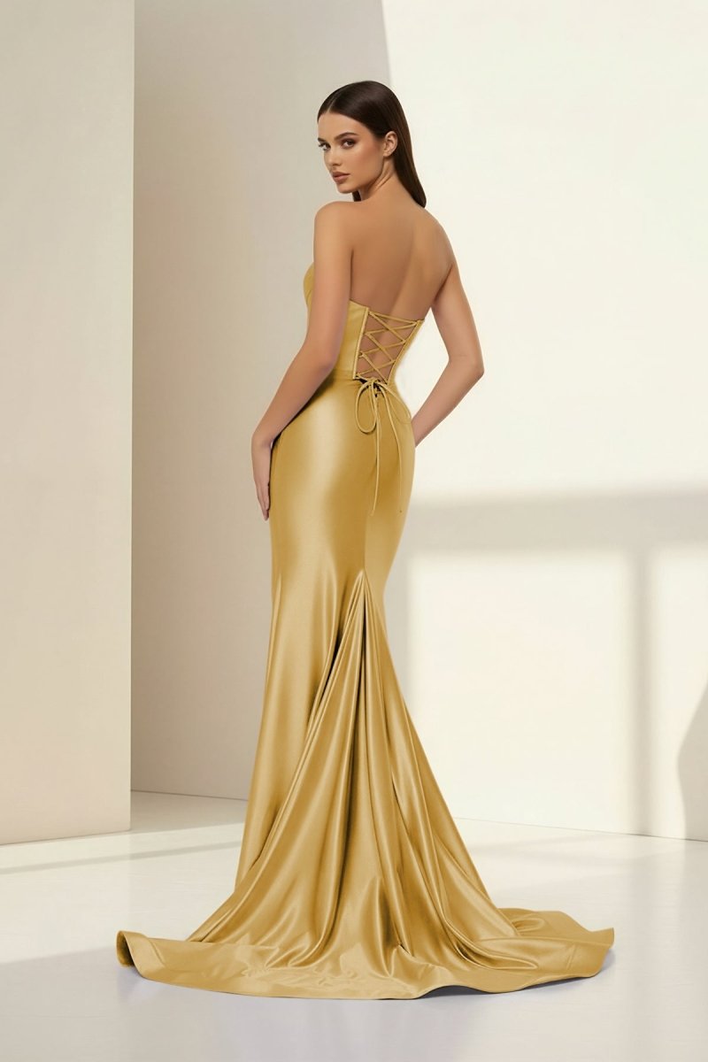 Alirae | Lavender - Strapless Mermaid Satin Pleated Long Formal Prom Dresses With Slit - KissProm