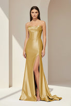 Alirae | Lavender - Strapless Mermaid Satin Pleated Long Formal Prom Dresses With Slit - KissProm