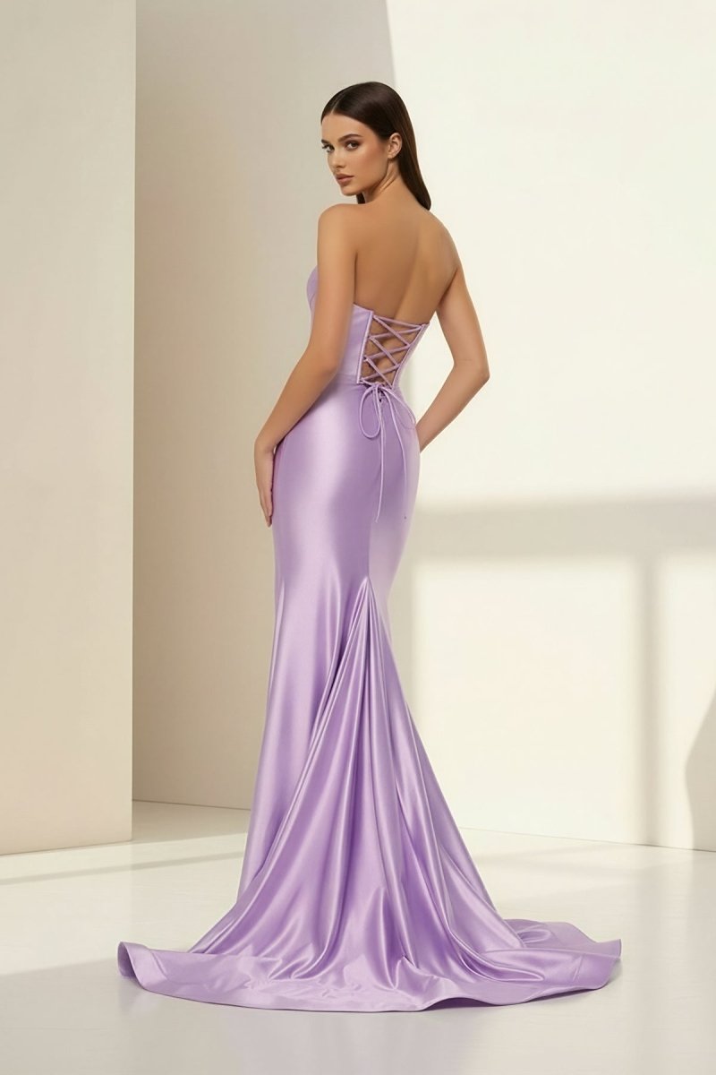 Alirae | Lavender - Strapless Mermaid Satin Pleated Long Formal Prom Dresses With Slit - KissProm