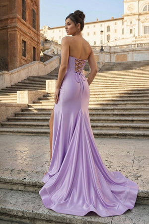 Aqua Strapless Mermaid Satin Pleated Long Formal Prom Dresses With Slit – Prom Dress by KissProm | Available at KissProm