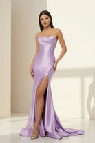 Alirae | Lavender - Strapless Mermaid Satin Pleated Long Formal Prom Dresses With Slit - KissProm