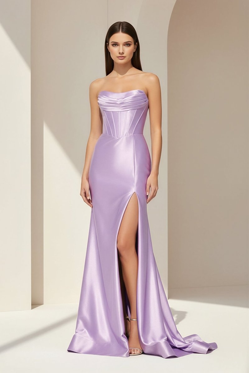 Alirae | Lavender - Strapless Mermaid Satin Pleated Long Formal Prom Dresses With Slit - KissProm