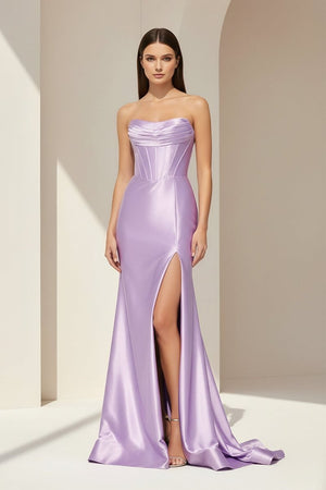 Aqua Strapless Mermaid Satin Pleated Long Formal Prom Dresses With Slit – Prom Dress by KissProm | Available at KissProm