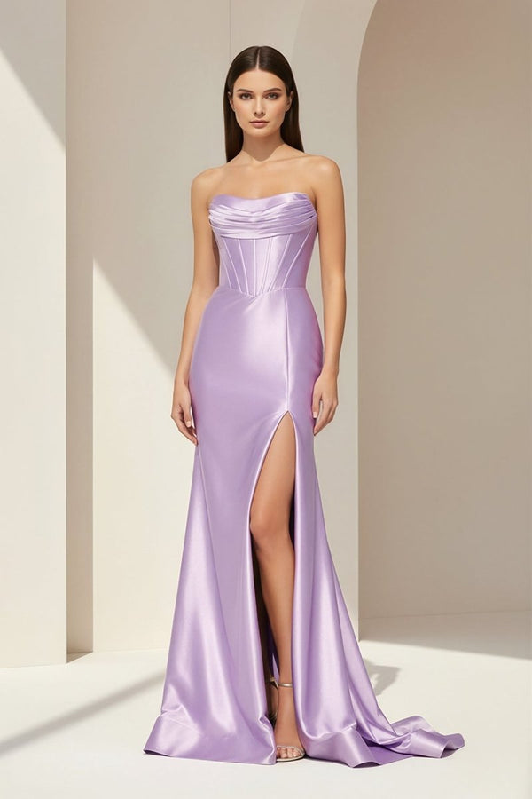 Aqua Strapless Mermaid Satin Pleated Long Formal Prom Dresses With Slit – Prom Dress by KissProm | Available at KissProm
