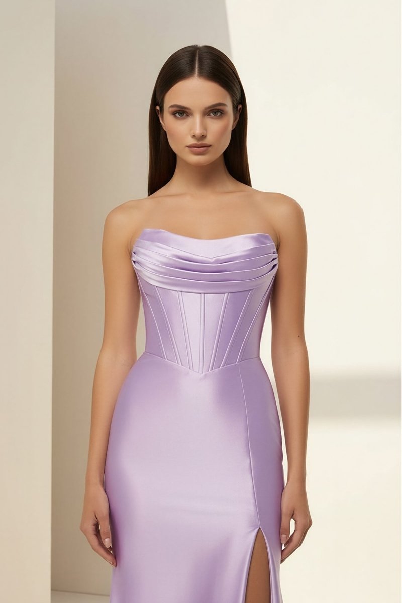 Alirae | Lavender - Strapless Mermaid Satin Pleated Long Formal Prom Dresses With Slit - KissProm