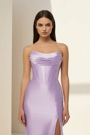 Aqua Strapless Mermaid Satin Pleated Long Formal Prom Dresses With Slit – Prom Dress by KissProm | Available at KissProm